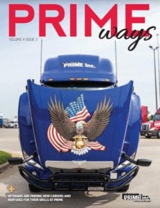 The cover of Prime Ways magazine featuring a blue semi-truck with its hood up.