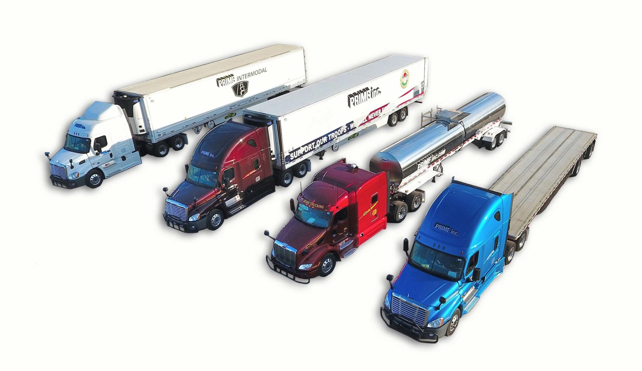 Truck models from Prime's trucking divisions: refrigerated, flatbed, tanker and intermodal.