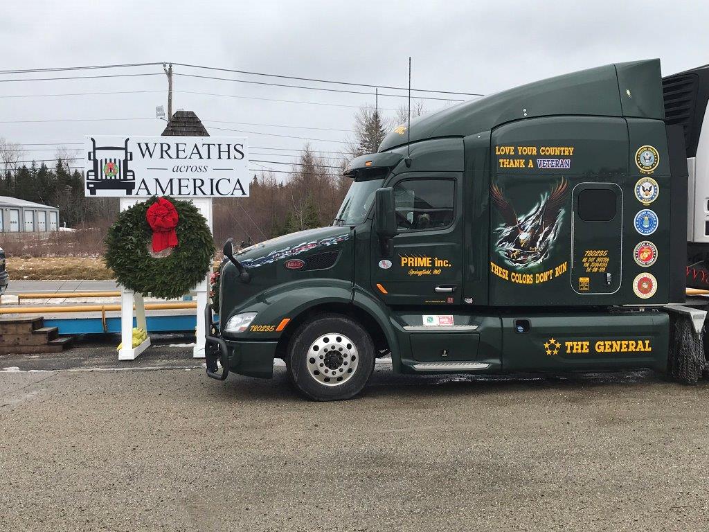 Prime truck delivering wreaths during Wreaths Across America.
